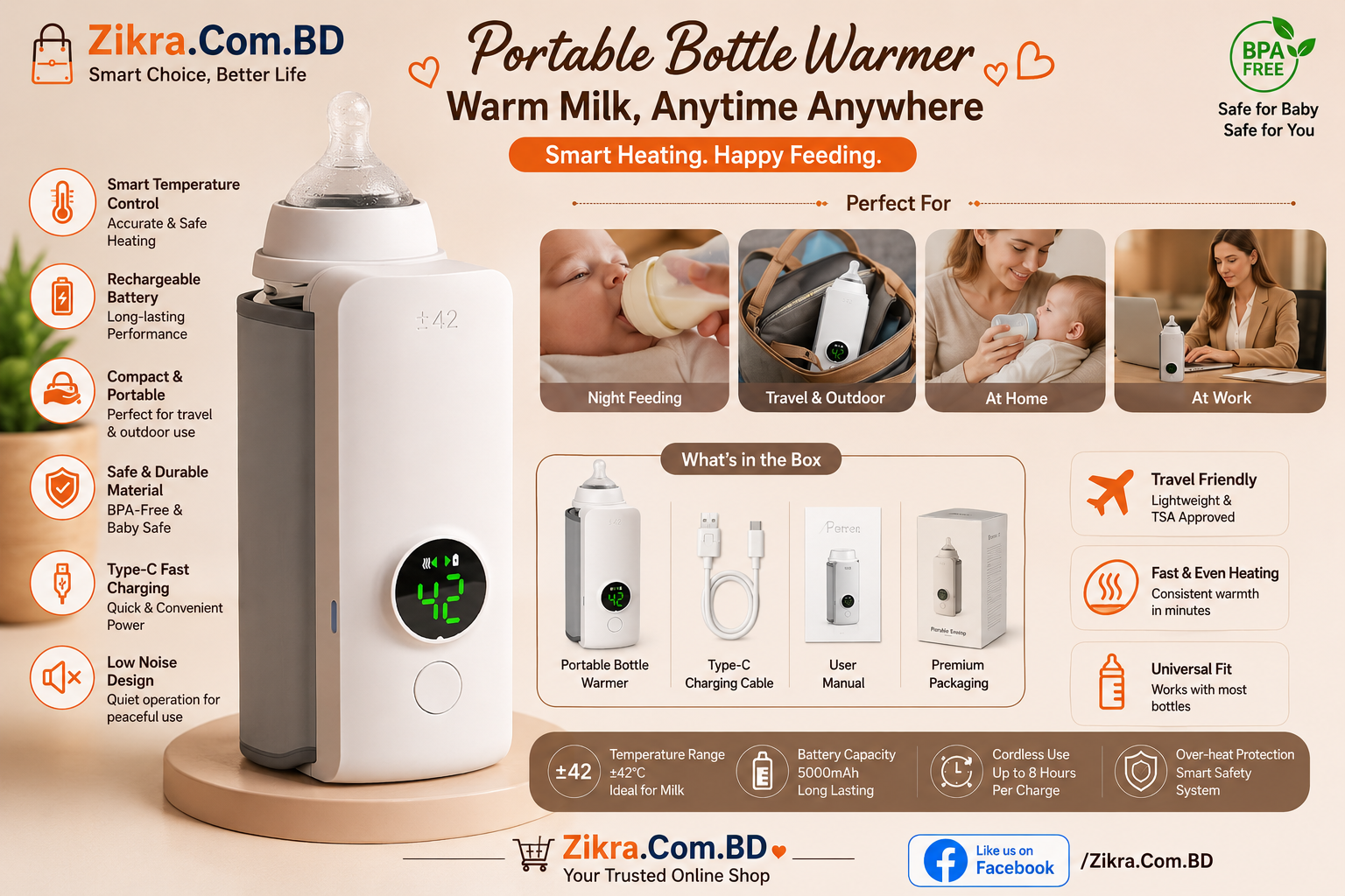 USB Rechargeable Baby Bottle Warmer, Portable Milk Warmer with LED Display