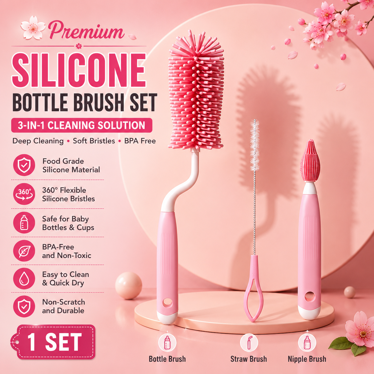 3 Pcs Baby Bottle Rotating Handle Cleaning Brush Set – 3-in-1 Bottle & Nipple Cleaning Brush