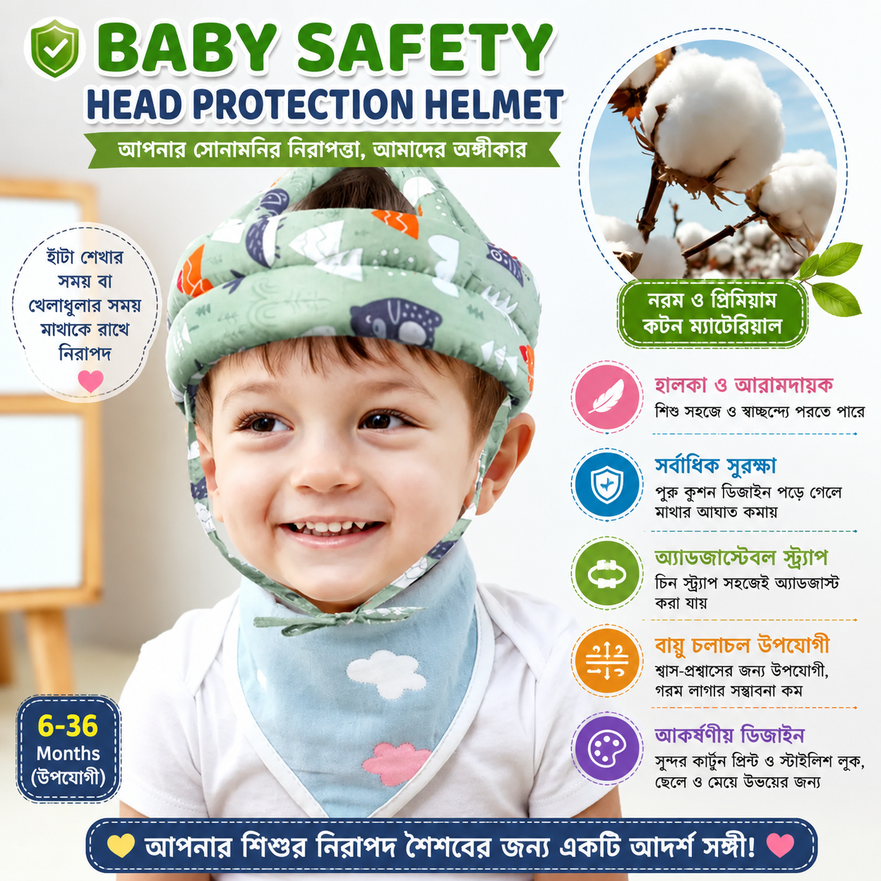 Baby Safety Head Protection Helmet with Soft Cotton Cushion Cap